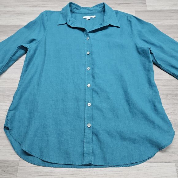 Chico's Womens Teal Linen Button Down Shirt Size 8 3/4 Sleeves Chico's 1 - Picture 2 of 10